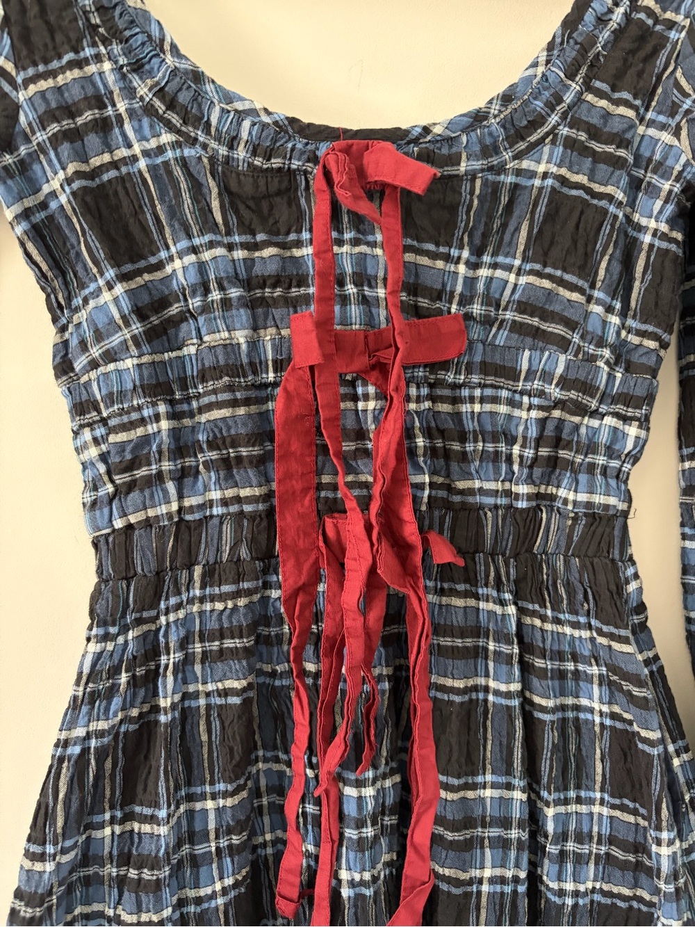 Plaid Midi Dress with Burgundy Tie Detail - Blue - Picture 4 of 11